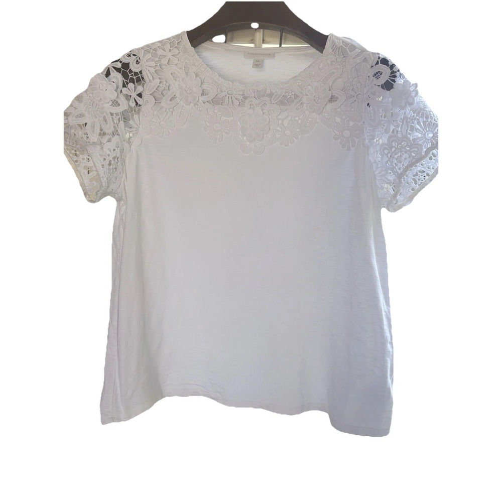 Charter Club XL P Short Sleeve Crochet Trim Top Shirt White Lace Trim Cotton - Picture 2 of 12